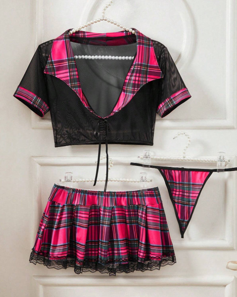 Sexy Uniform Role-playing Plaid Colorblock See-through Mesh Top and Short Skirt Lingerie Set