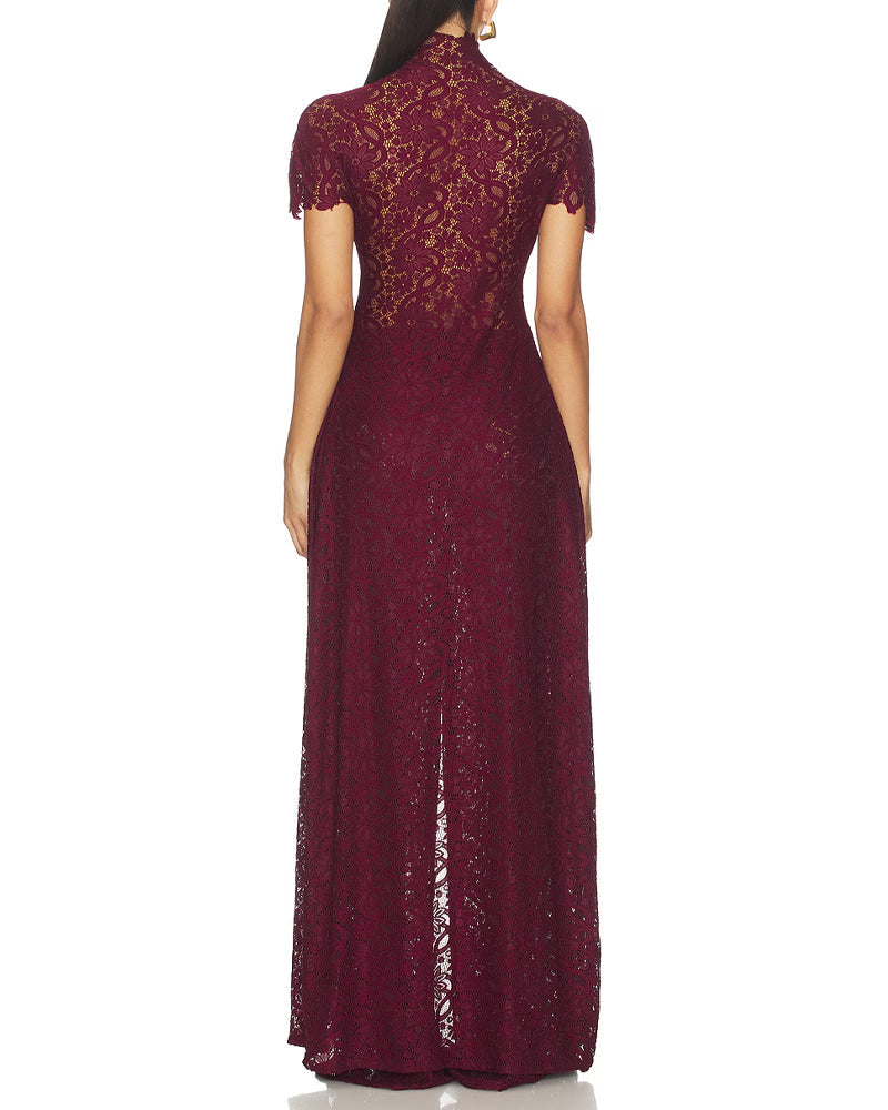 Lace Openwork Front Slit Long Top and Wide-leg Pants Set