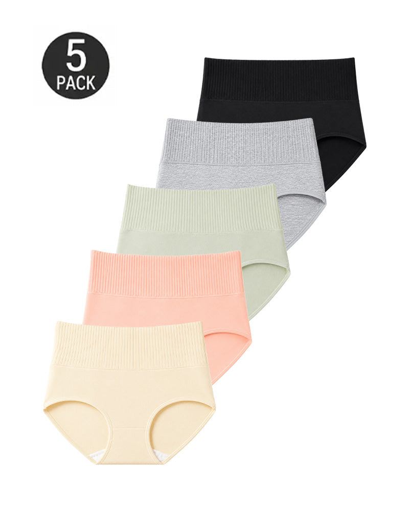 Five-Pack Pure Cotton High Waist Tummy Control Ribbed Briefs