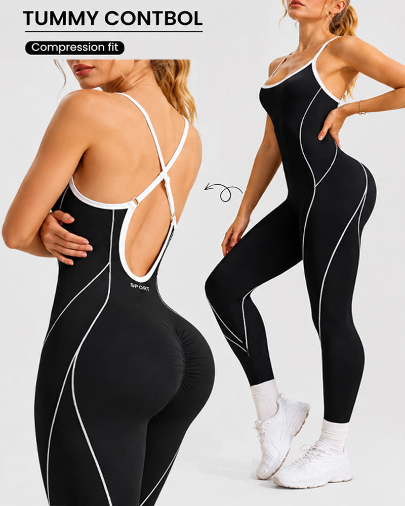 Women's Colorblock U-Neck High Elastic Sleeveless Yoga Fitness Jumpsuit