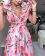 V Neck Halter Back Ruffle Strap Floral Beach Holiday Dress