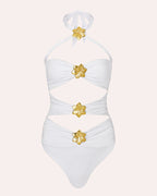 Halterneck Cut Out Swimsuit and Skirt With Flower Hardware Details
