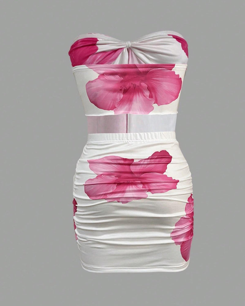 Beach Vacation Floral Print Strapless Top and Tight Skirt Set