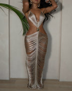 Seashell Tassel Halter Neck Tie Sexy Slim Bodycon Long Dress