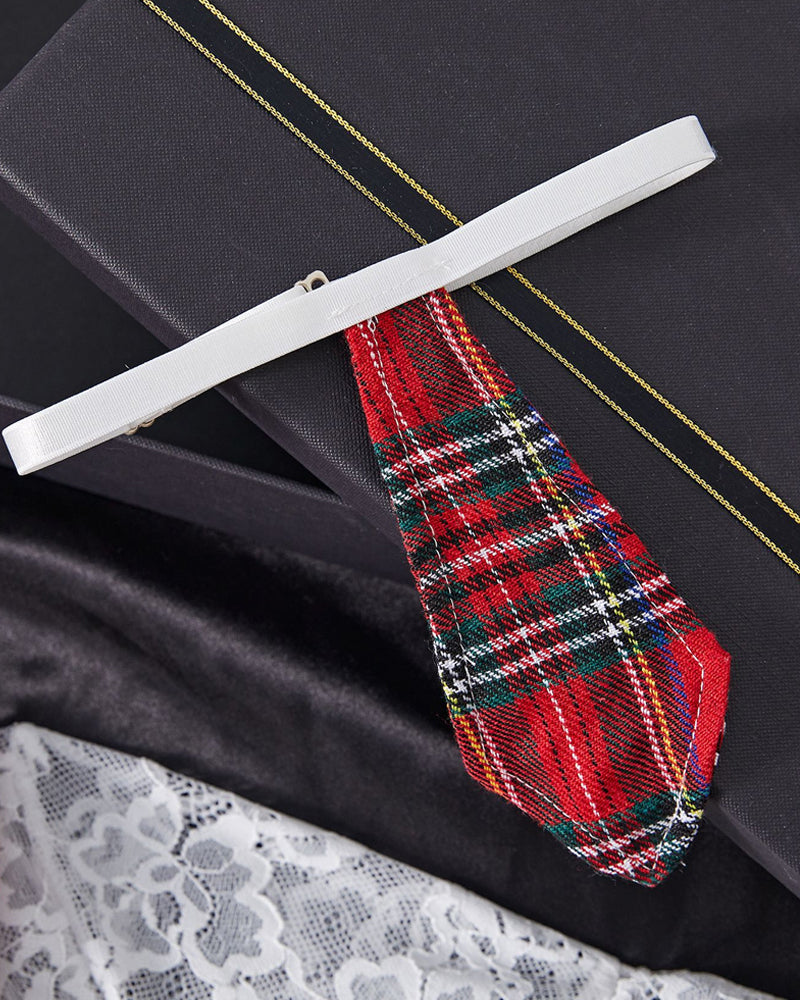 Sexy Uniform Cosplay See-through Lace Plaid Patchwork Erotic Lingerie Set with Stockings
