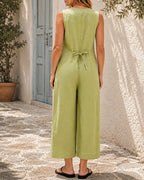 Casual Cotton Linen Deep V Button Sleeveless Wide-leg Jumpsuit