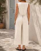 Casual Cotton Linen Deep V Button Sleeveless Wide-leg Jumpsuit
