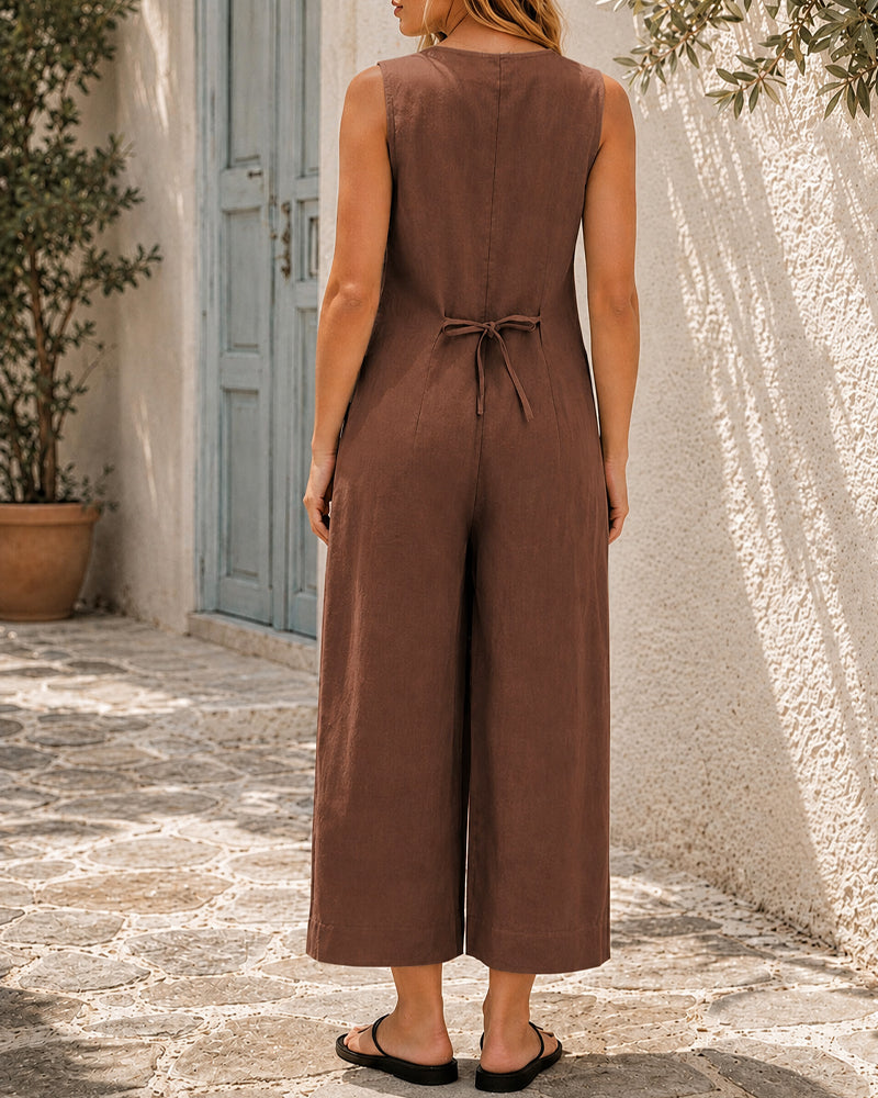 Casual Cotton Linen Deep V Button Sleeveless Wide-leg Jumpsuit