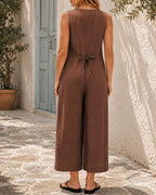 Casual Cotton Linen Deep V Button Sleeveless Wide-leg Jumpsuit