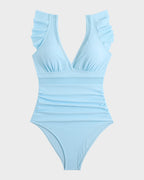 Deep V Ruffled Sleeve Mesh Panel Ruched Swimsuit