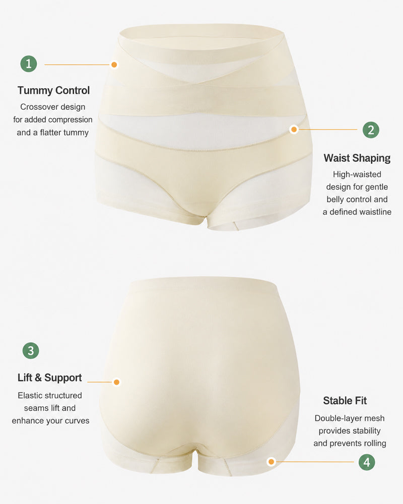 2-Pack High Waist Tummy Control Seamless Cross-over Sheer Mesh Boxer Briefs