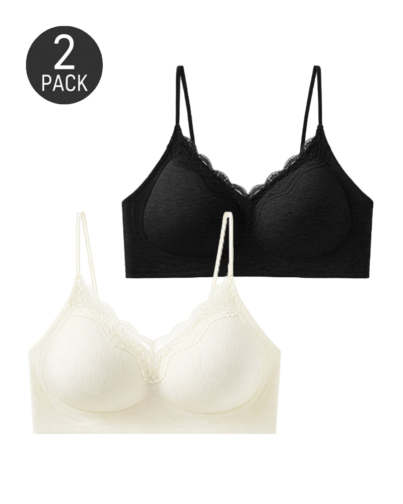 2-Pack Deep V Seamless Lace Trim Wire-Free Push-Up Bra