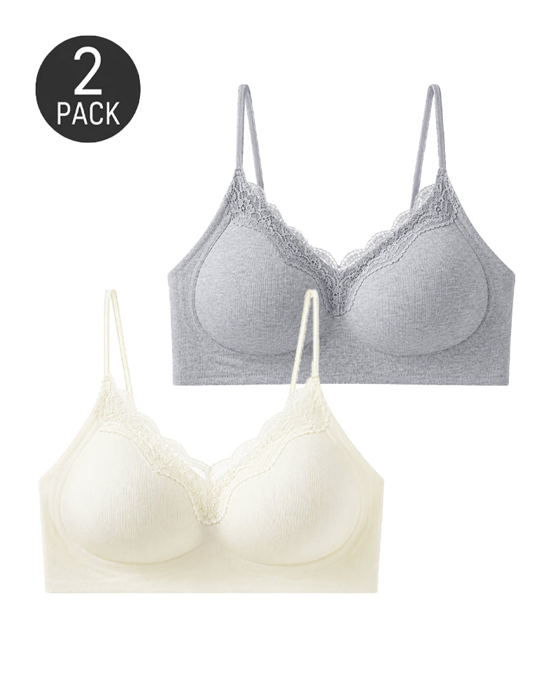 2-Pack Deep V Seamless Lace Trim Wire-Free Push-Up Bra