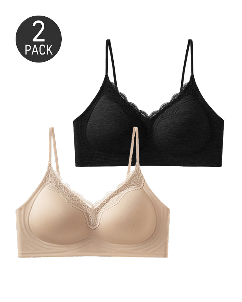 2-Pack Deep V Seamless Lace Trim Wire-Free Push-Up Bra