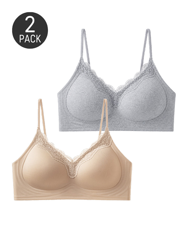 2-Pack Deep V Seamless Lace Trim Wire-Free Push-Up Bra