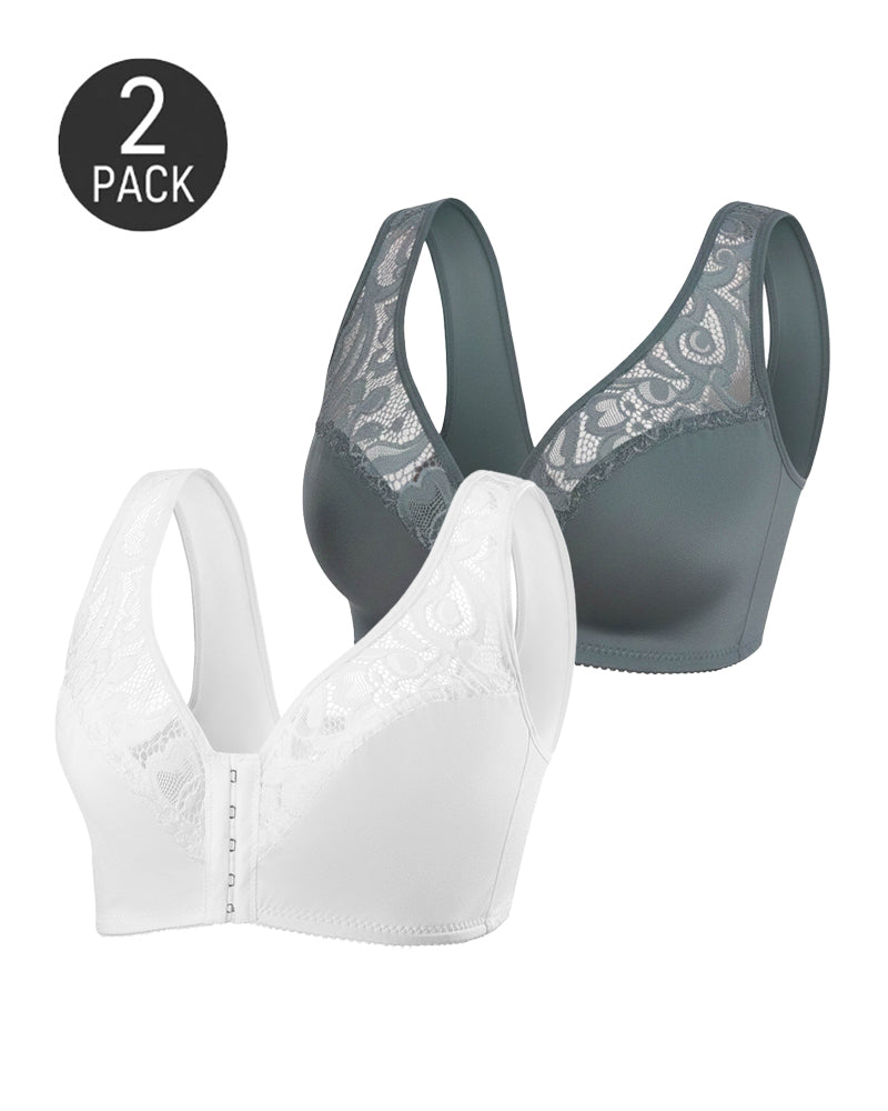 2-Pack Deep V Front Closure Lace Trim Vest Bra