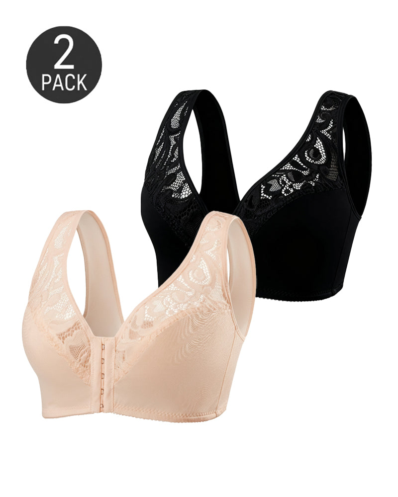 2-Pack Deep V Front Closure Lace Trim Vest Bra