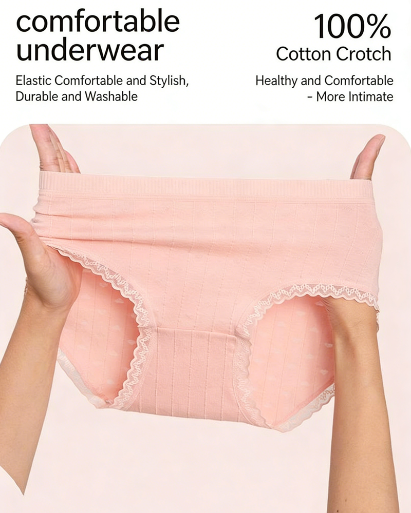 Multi-Pack Women's Mid-Waist Lace Striped Heart Antibacterial Cotton Panties