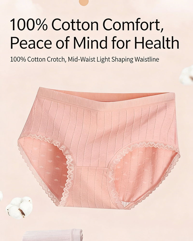 Multi-Pack Women's Mid-Waist Lace Striped Heart Antibacterial Cotton Panties