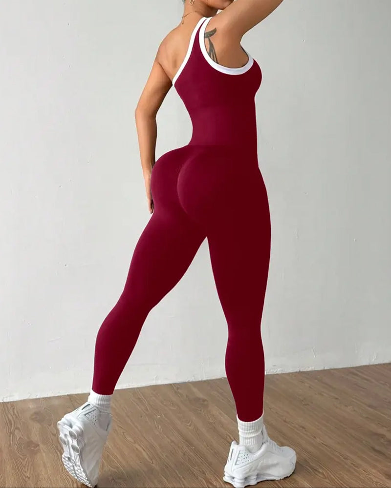Women's One-Shoulder Knitted Sleeveless Slimming and Buttock-Lifting Sports Yoga Jumpsuit