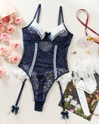Sexy Floral Lace See-Through Bodysuit With Stockings Set