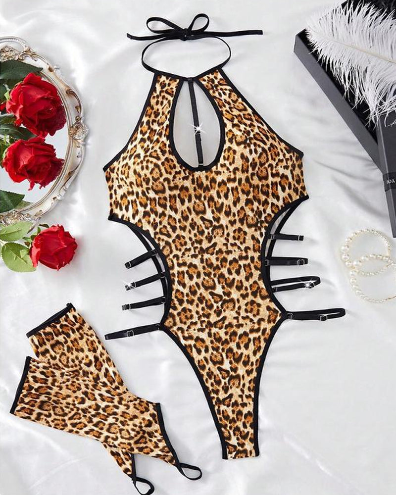 Sexy Leopard Print Halter Neck Cutout Bodysuit Nightgowns