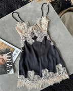 Sexy Deep V-neck Ice Silk Lace Patchwork Backless Camisole Nightgown