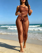 Vacation One-shoulder Mesh Hollow-out Patchwork Swimsuit and Sarong Skirt Set