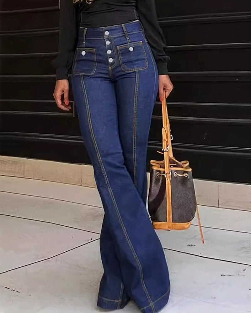Women's High-waisted Stretchy Front-buttoned Flare Jeans