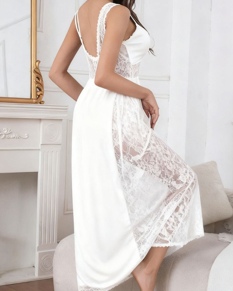 Sexy Deep V See-through Lace Patchwork Long Nightgow