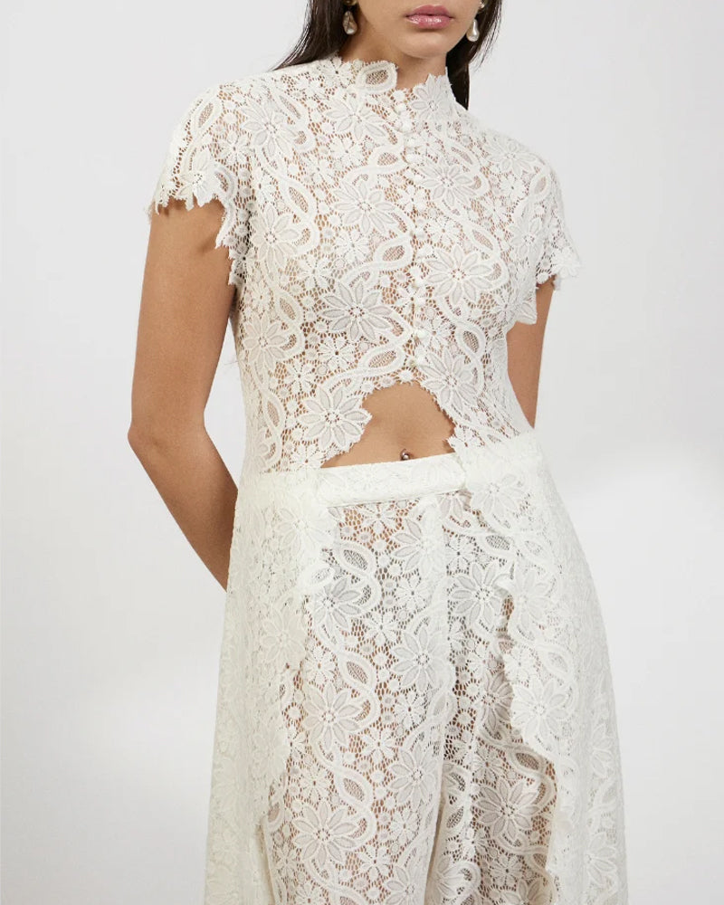 Lace Openwork Front Slit Long Top and Wide-leg Pants Set