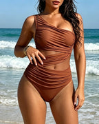 Vacation One-shoulder Mesh Hollow-out Patchwork Swimsuit and Sarong Skirt Set