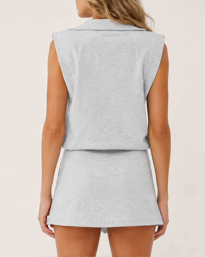 Casual Sports Sleeveless Half-zip Sweatshirt and Skirt Set