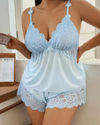 Plus Size Lace Satin V-Neck Camisole and Shorts Pajama Set