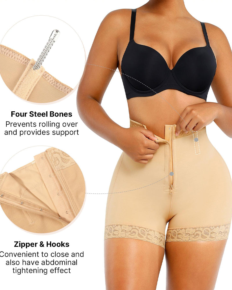 Women's Lace-trimmed Zipper Hook-eye Tummy Control Hip-lifting Shaping Shorts
