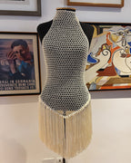 Solid Color Bikini and Round Neck Halter Hollow Backless Tassel Sexy Beach Dress Cover Up