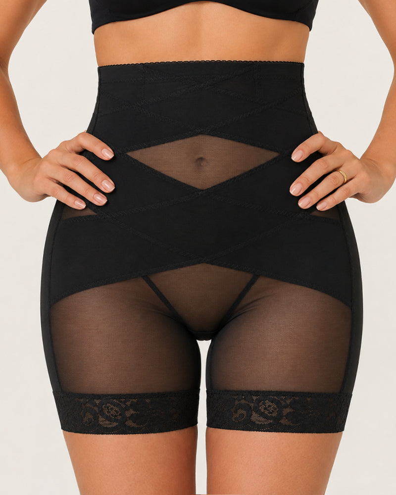 High Waist Tummy Control Sheer Mesh LaceTrim Shaping Shorts