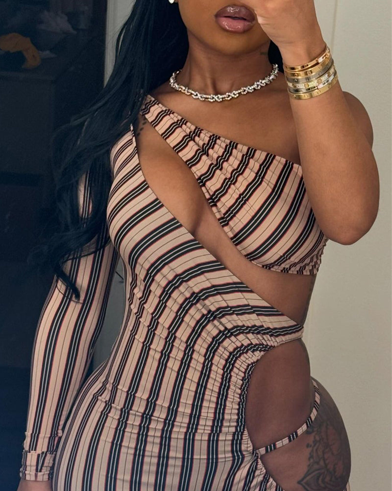 Sexy Striped Colorblock One-shoulder Cutout Long-sleeved Stretch Jumpsuit
