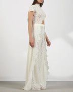 Lace Openwork Front Slit Long Top and Wide-leg Pants Set