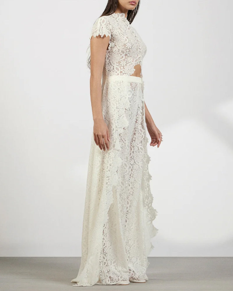 Lace Openwork Front Slit Long Top and Wide-leg Pants Set