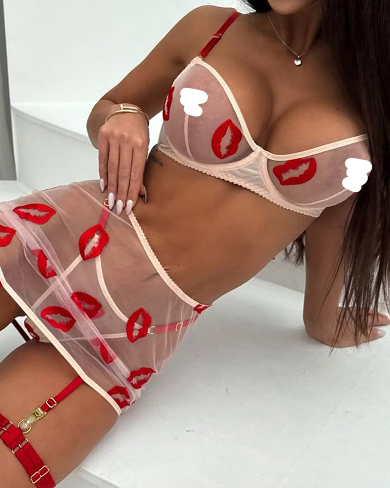 Sexy See-through Mesh Red Lips Embroidered Lingerie Set