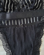 Deep V-neck Lace-trimmed Striped See-through Mesh Sexy Lingerie Bodysuit