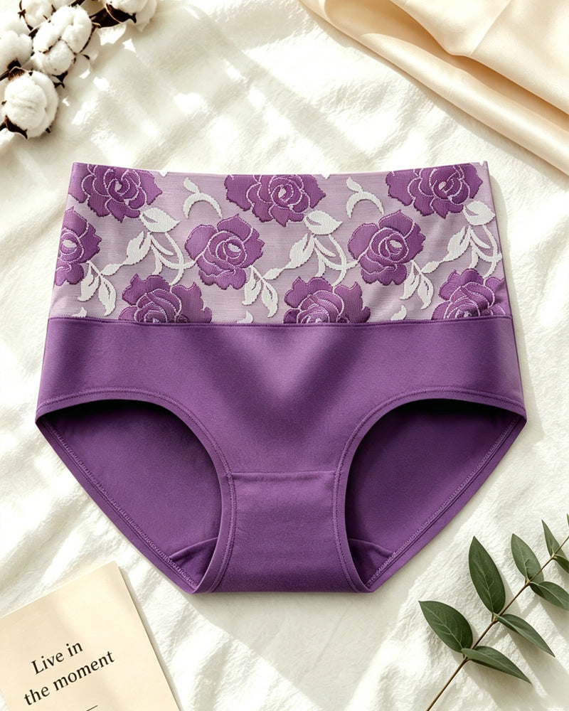 High Waisted Floral Colorblock Printed Pure Cotton Briefs