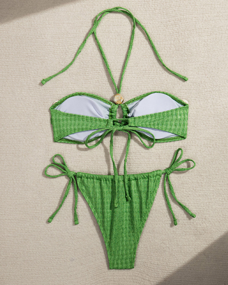 Beach Vacation Seashell Embellishments Sexy Cross-neck Halter Top Bikini Swimsuit Set