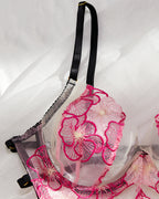 Sexy Deep V Colorblock Floral Embroidered Body-shaping See-through Lingerie and Garter Belt Set