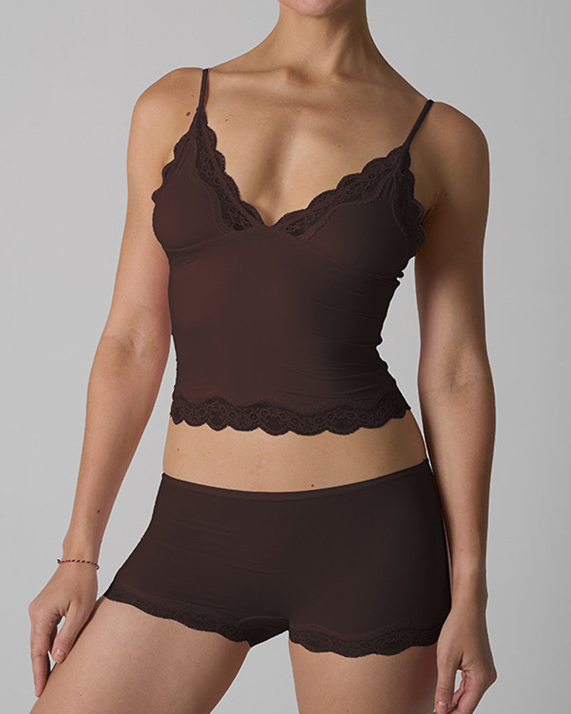 V-neck Lace-trimmed Seamless Stretch Camisole Top and Boxer Briefs Set