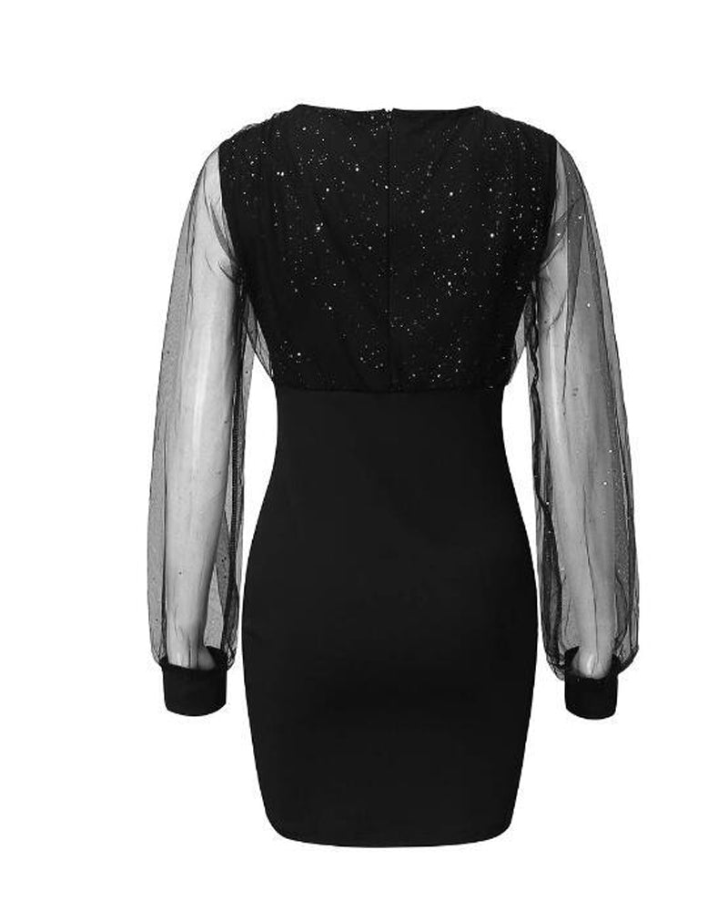 Sexy Slim Fit Mesh V-neck Sequined Dress