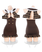 Sexy Open-chest Plaid Patchwork Detective Uniform Role-playing Lingerie Set