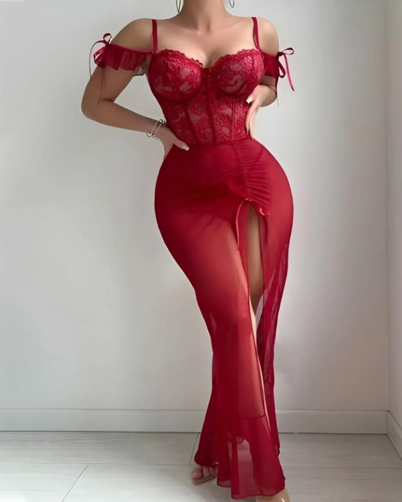 Sexy Off-the-shoulder Lace-trimmed High-slit See-through Mesh Long Lingerie Nightgown
