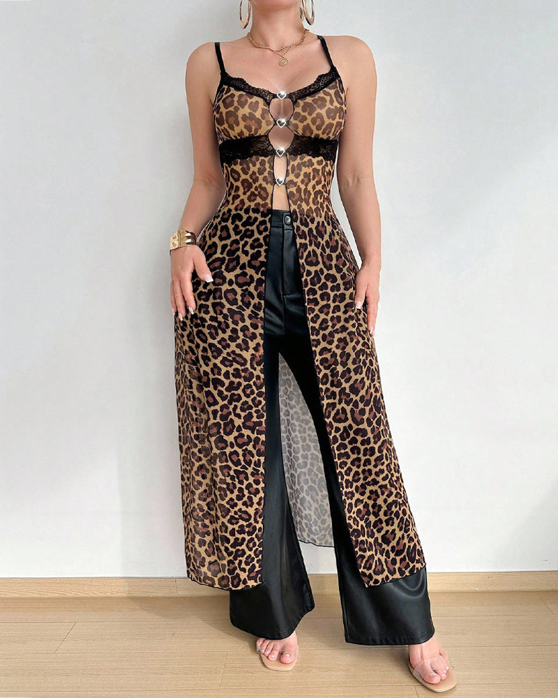 Sexy Leopard Print See-through Lace Trim Cutout Nightgown